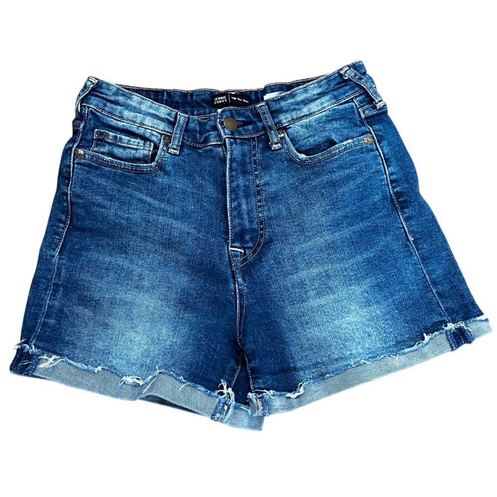 True Religion Jennie Curvy High Rise Denim Shorts Blue Cuffed Raw Hem Size 28